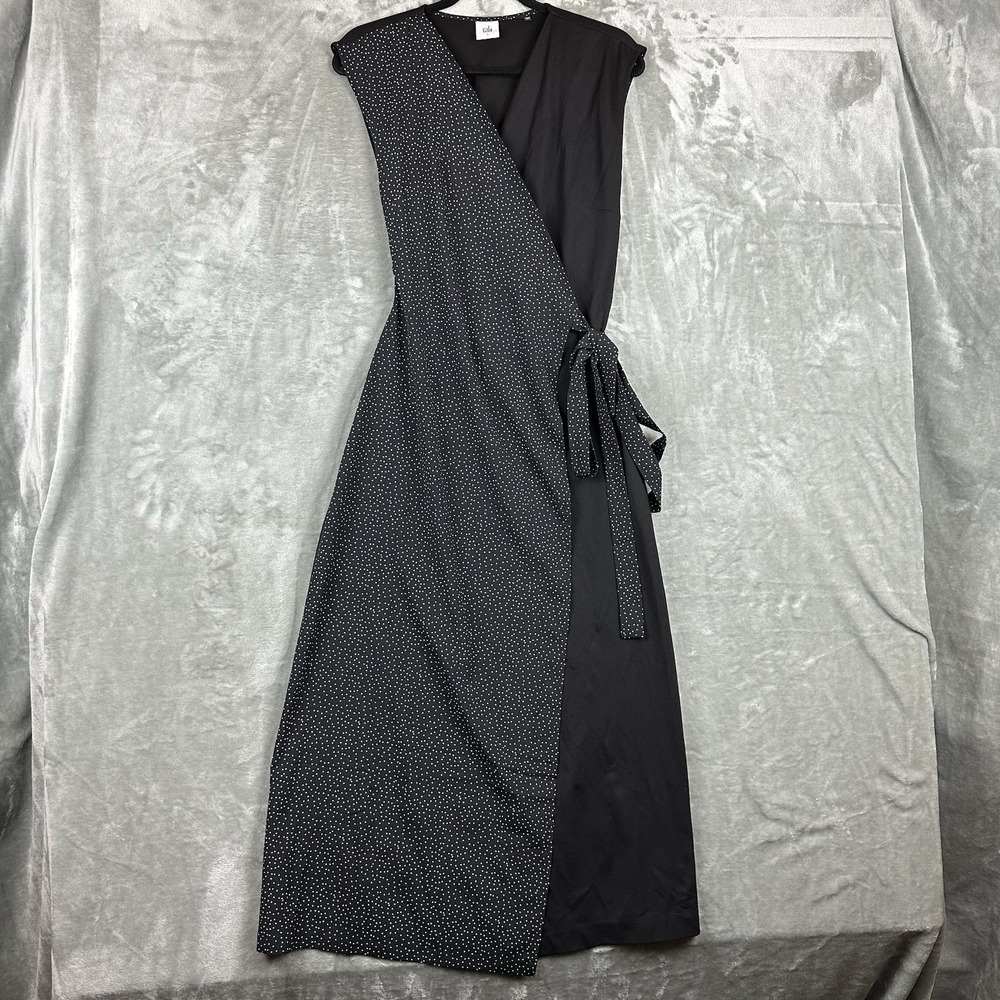 Cabi Maxi Wrap Dress Women's S Black Polka Dots Mixed Fabrics "Disco" #5609